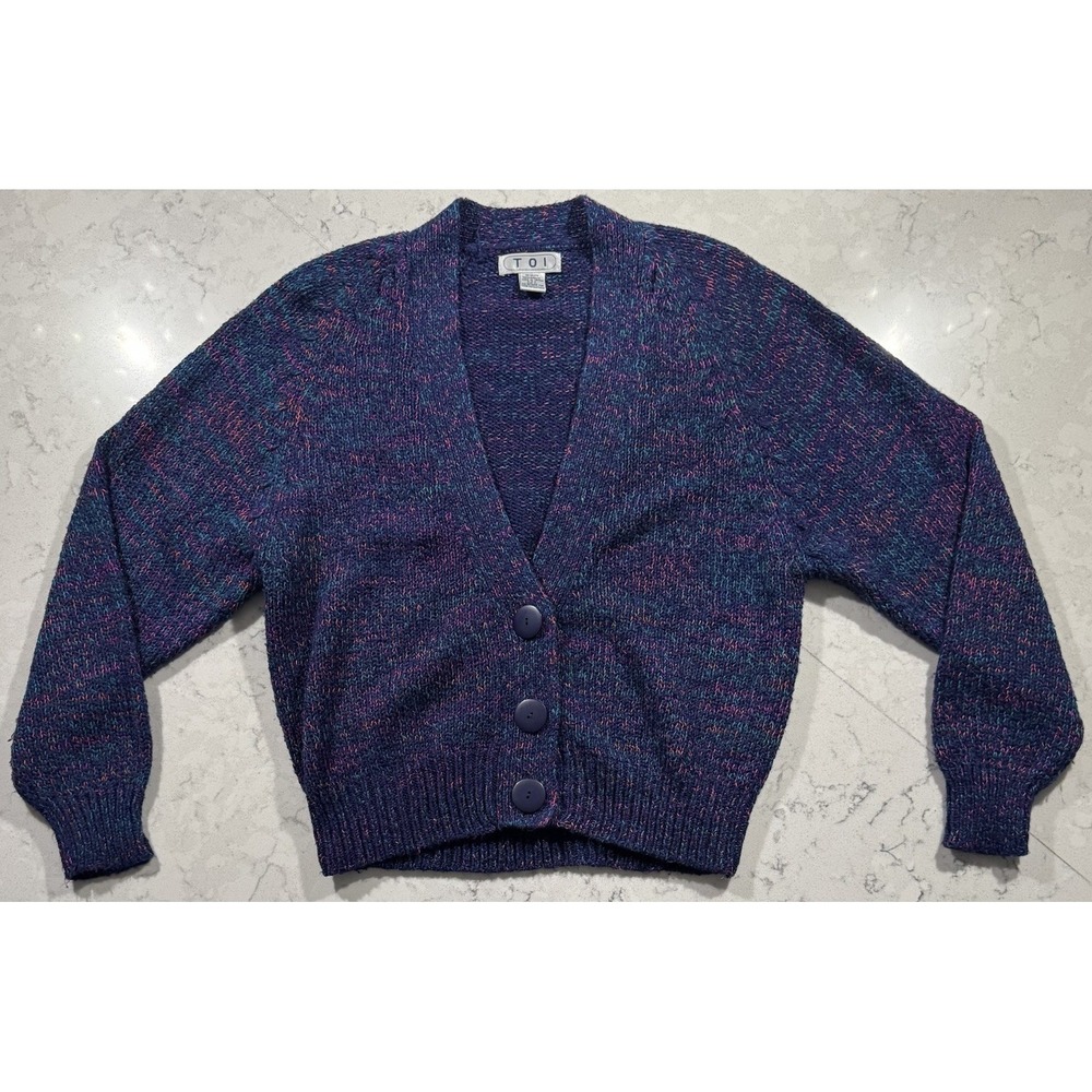 VTG 80s TOI Cardigan Sweater Womens Large Purple Blue Speckled Acrylic Grandpa